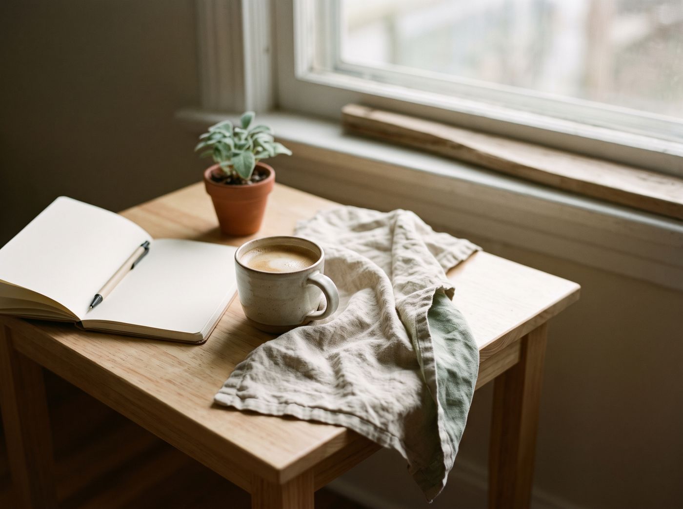 A mug of coffee beside an open notebook, a pen and a small plant on a wooden table by a window.