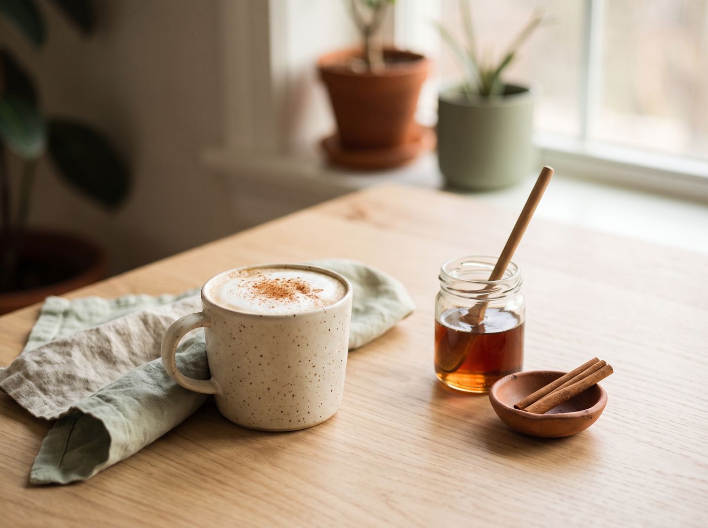 A latte with a dusting of cinnamon in a speckled cream mug, with a jar of maple syrup and a wooden stirrer and two cinnamon sticks in a clay dish.