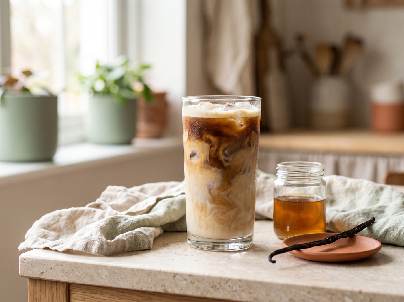 An iced latte with swirls of espresso-style coffee and oat milk, beside a jar of syrup and a vanilla bean on a clay dish.