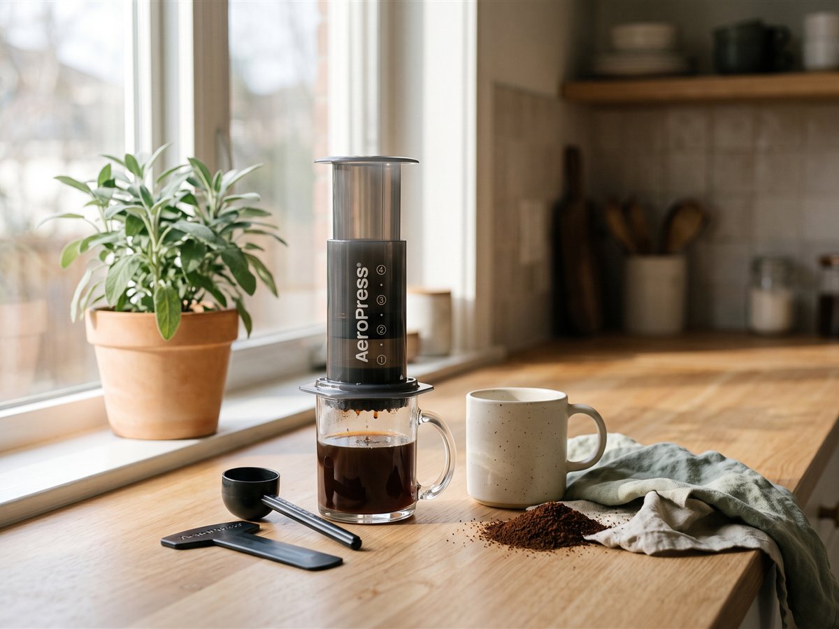 A clear-and-gray AeroPress brewing dark coffee into a glass mug on a wooden counter, with a scoop, a stirrer, a mug, a pile of grounds and a potted herb by the window.