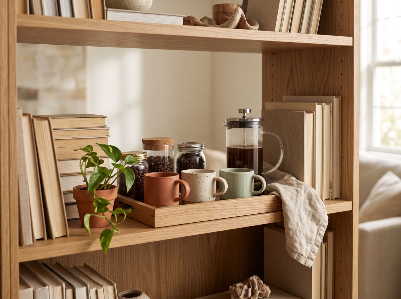 One shelf of a wooden bookcase set up as a coffee corner with a tray holding a French press, jars of beans, three mugs, a trailing plant and stacks of books.
