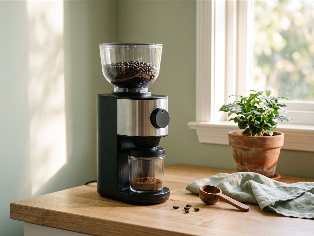 A black and stainless-steel electric burr grinder with a clear bean hopper and a small catch jar of grounds, beside a wooden scoop and a potted plant by a window.
