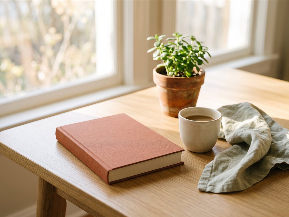 A closed book with a terracotta-colored cloth cover on a light wooden table beside a small cup of coffee, a potted plant and a green linen cloth.