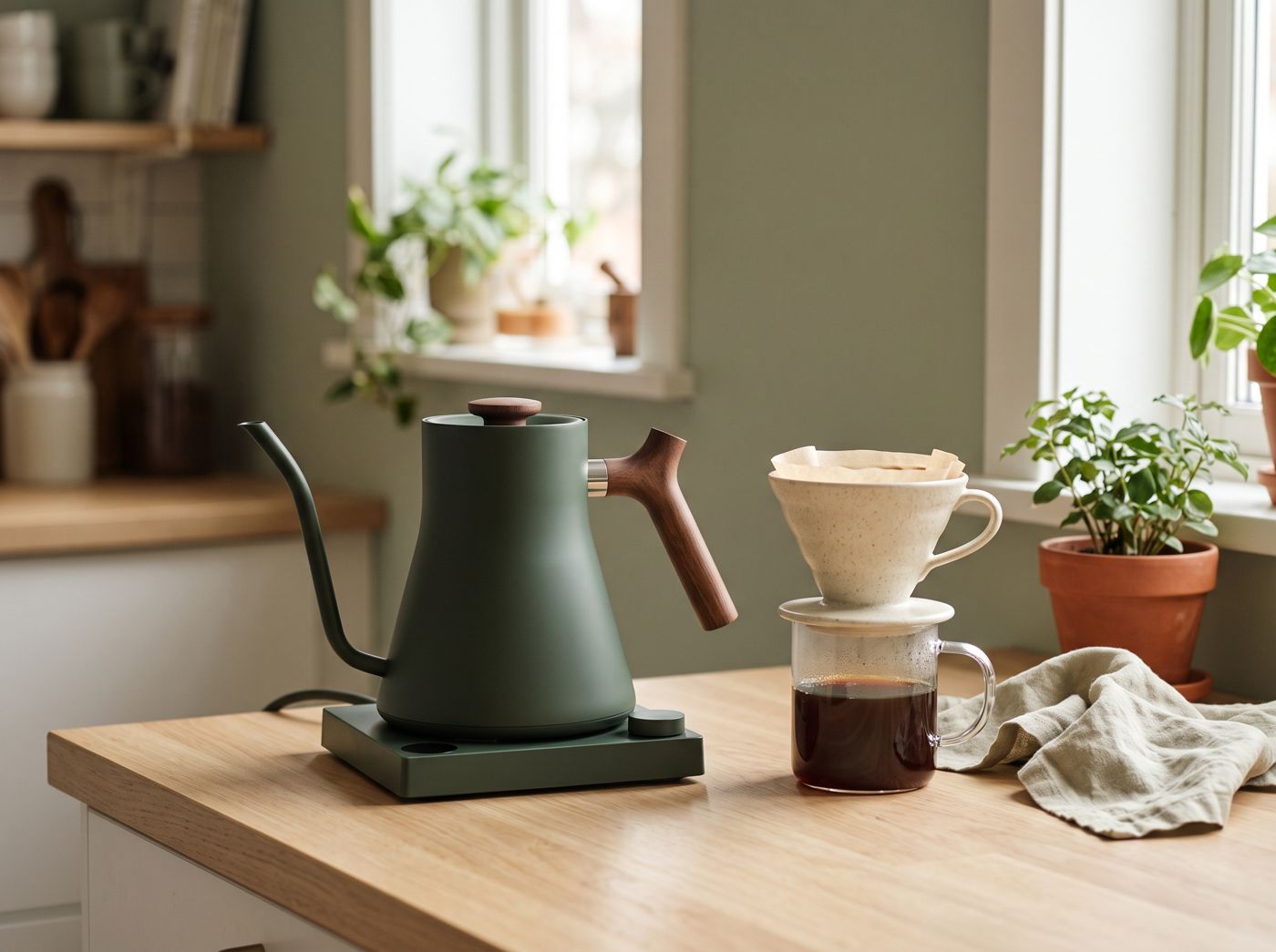 A matte green electric gooseneck kettle with a wooden handle on its base, next to a ceramic pour-over dripper over a glass mug.