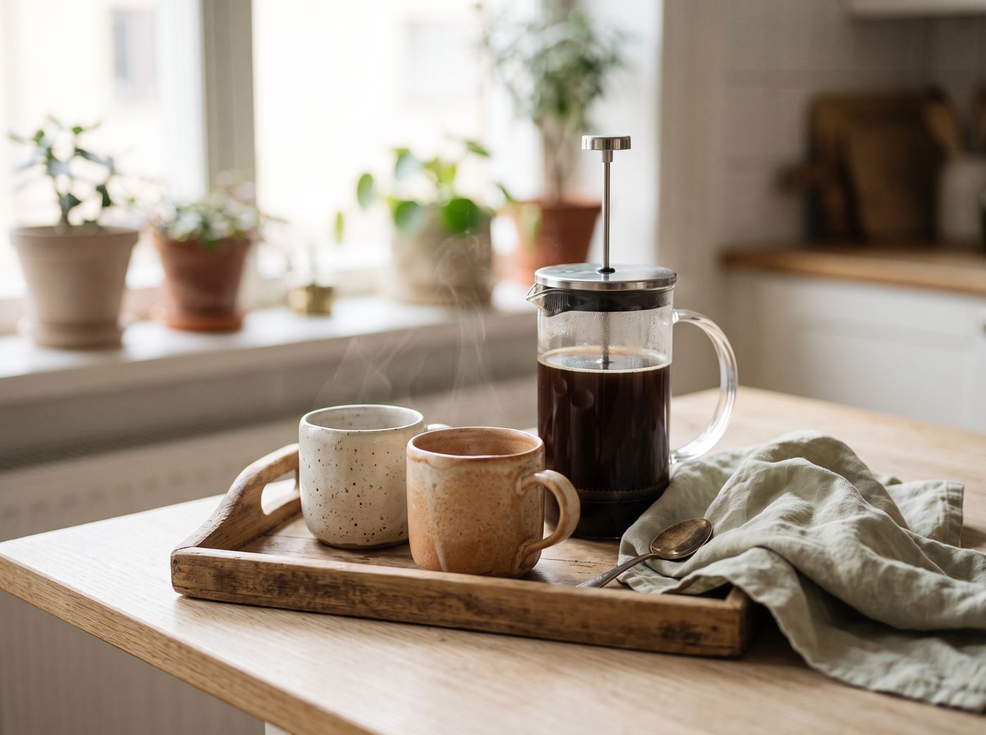 A French press of fresh coffee on a wooden tray with two handmade mugs and a linen napkin by a sunny window.