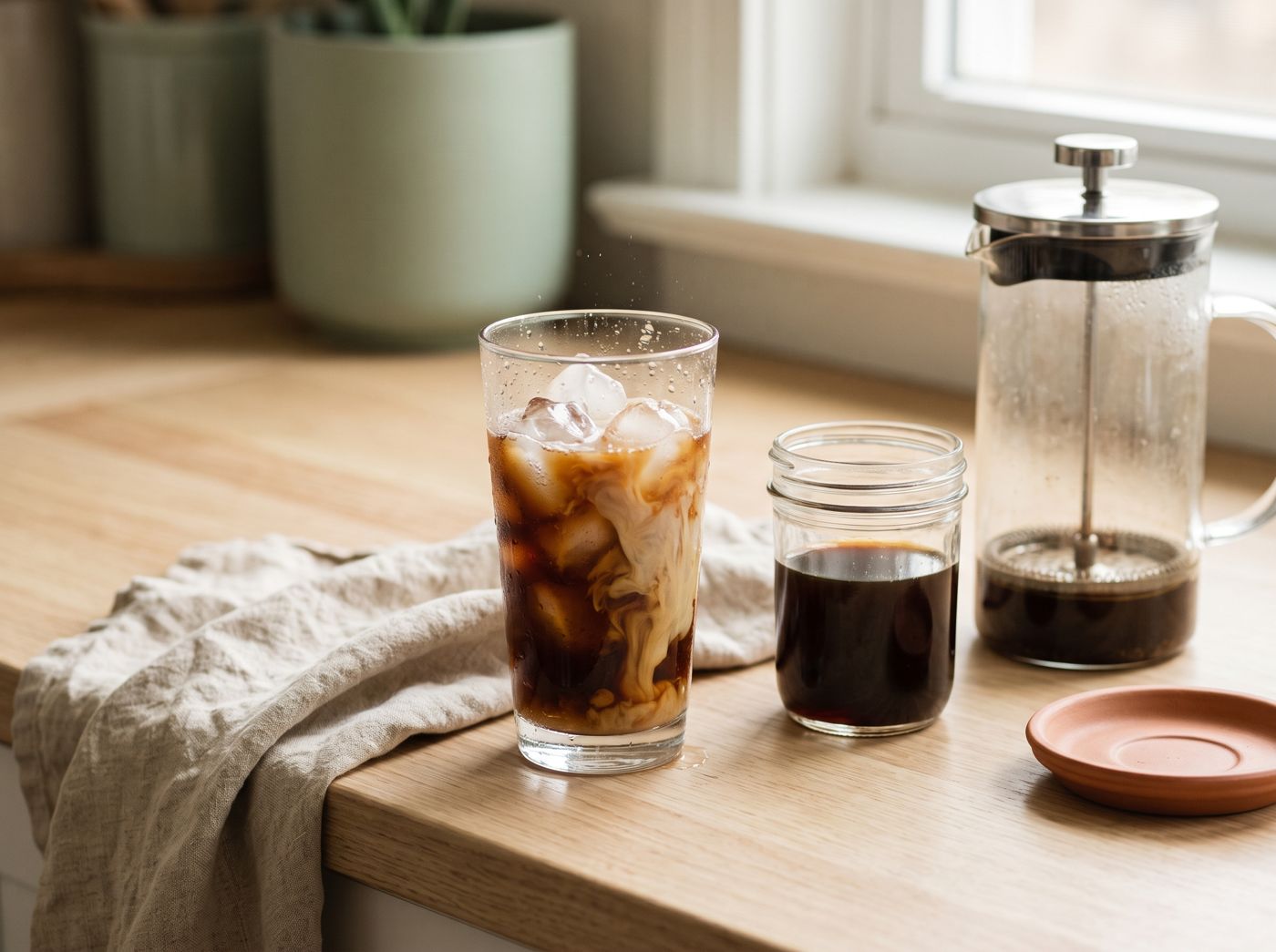 A tall glass of iced coffee with milk swirling in, next to a jar of cold brew concentrate and a French press on a wooden counter.