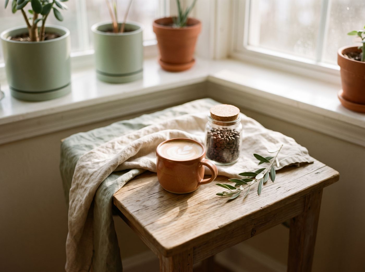 A latte with latte art in a terracotta mug and a jar of coffee beans on a small wooden stool by a sunny window with potted plants.