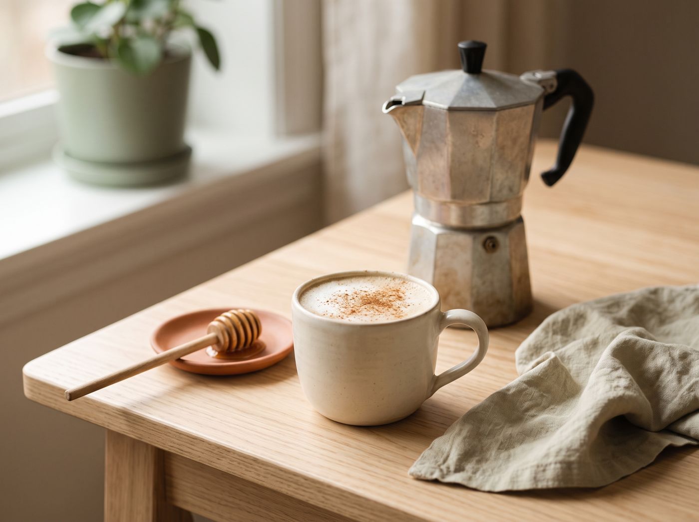 A creamy latte dusted with cinnamon in a cream mug, with a moka pot, a honey dipper on a small clay dish and a linen napkin.