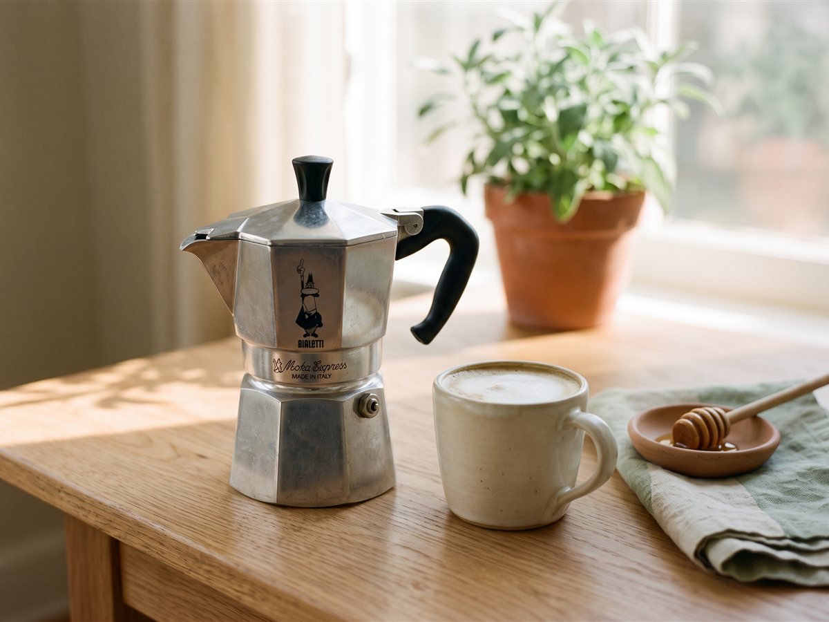 A silver Bialetti Moka Express with a black handle on a wooden table, next to a cream mug of frothy latte and a small dish with a honey dipper.