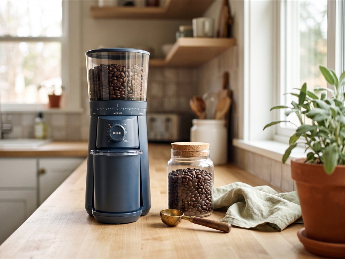 A navy blue conical burr coffee grinder with a clear bean hopper full of coffee beans, beside a glass jar of beans with a cork lid and a brass scoop on a wooden counter.