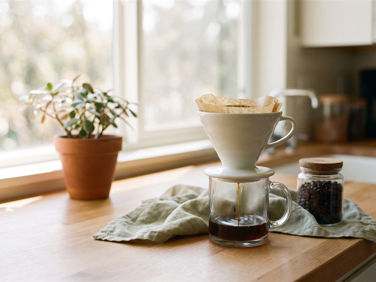 A white ceramic pour-over dripper with a paper filter sitting on a glass mug as coffee drips in, with a jar of beans and a potted plant on a counter.