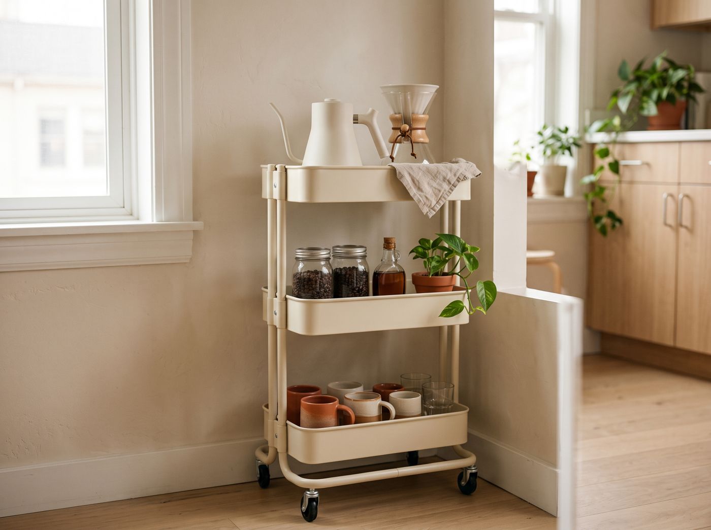 A cream three-tier rolling cart set up as a coffee station with a kettle and pour-over on top, beans and syrup in the middle and mugs below.